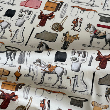 Equestrian Home Fabric – Cream Background with White Horse Print | Traditional Interiors | Gold Rush Inspired Cotton